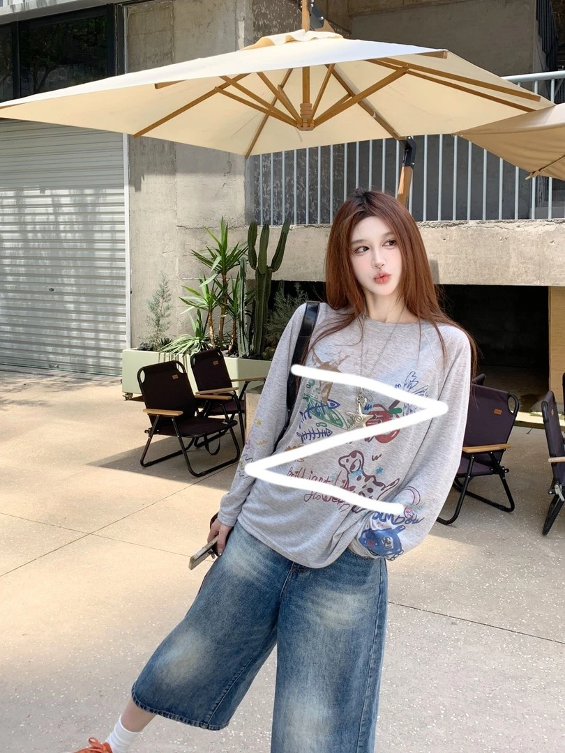 美式复古涂鸦印花长袖罩衫女夏季轻薄时尚灰色上衣慵懒风防晒T恤