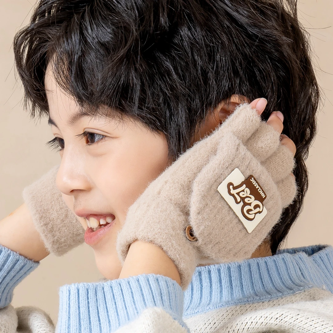 男孩儿童手套冬季防寒半指翻盖露五指小学生写字保暖男童毛线针织