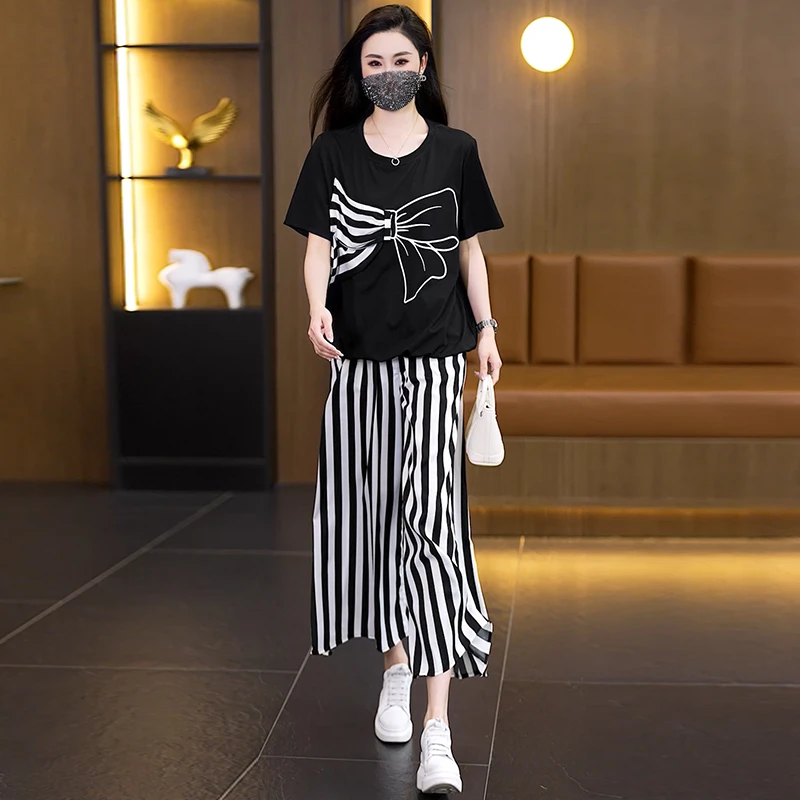夏季时尚条纹套装大码女装女宽松显瘦拼接短袖百搭阔腿裤两件套