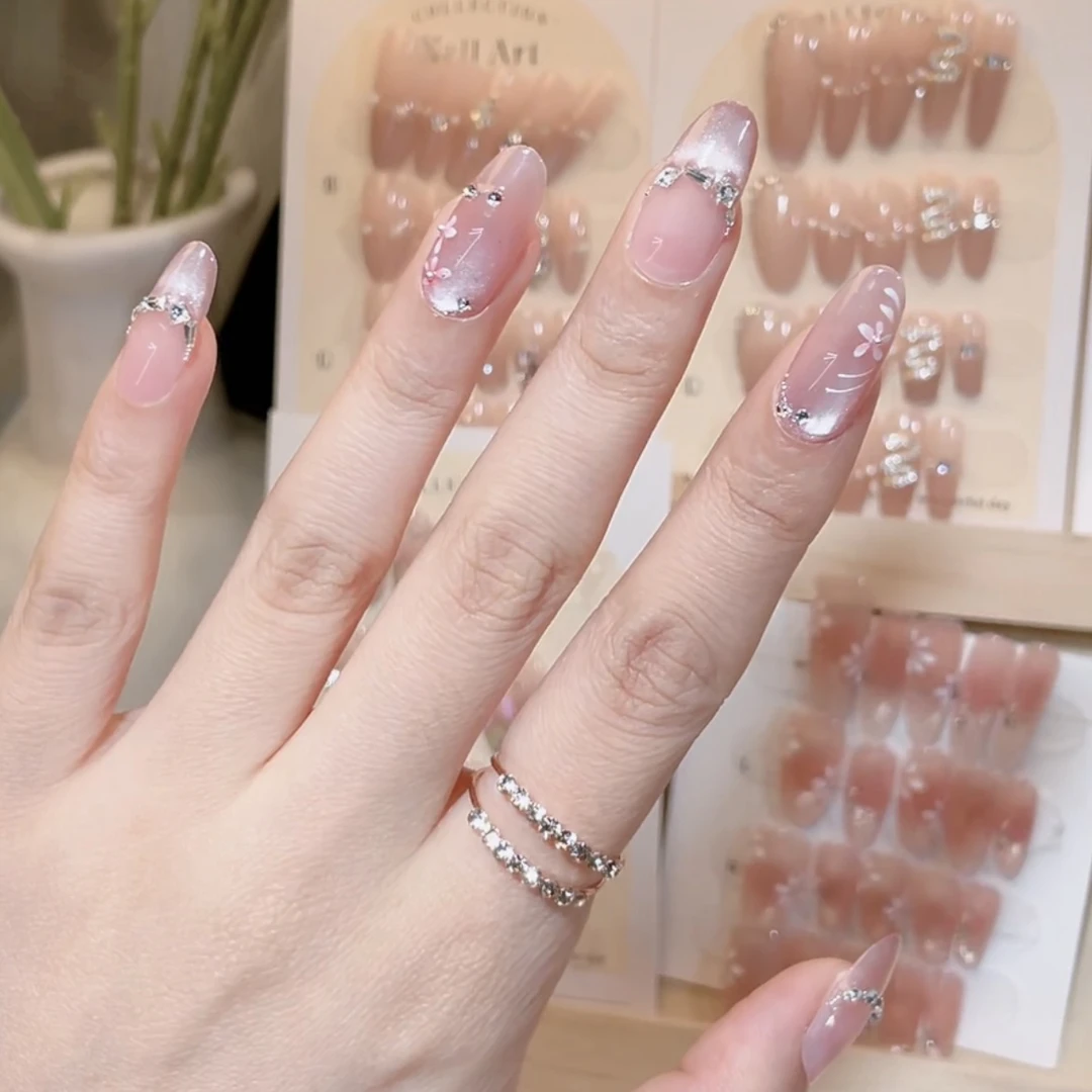 绘琦「浅粉花影」夏季爆款美甲纯手工穿戴甲片2025新款高级感