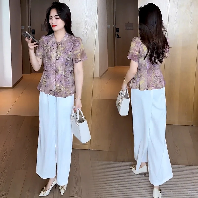 新中式时尚套装女2025夏季新款洋气显瘦盘扣短袖衬衫阔腿裤两件套