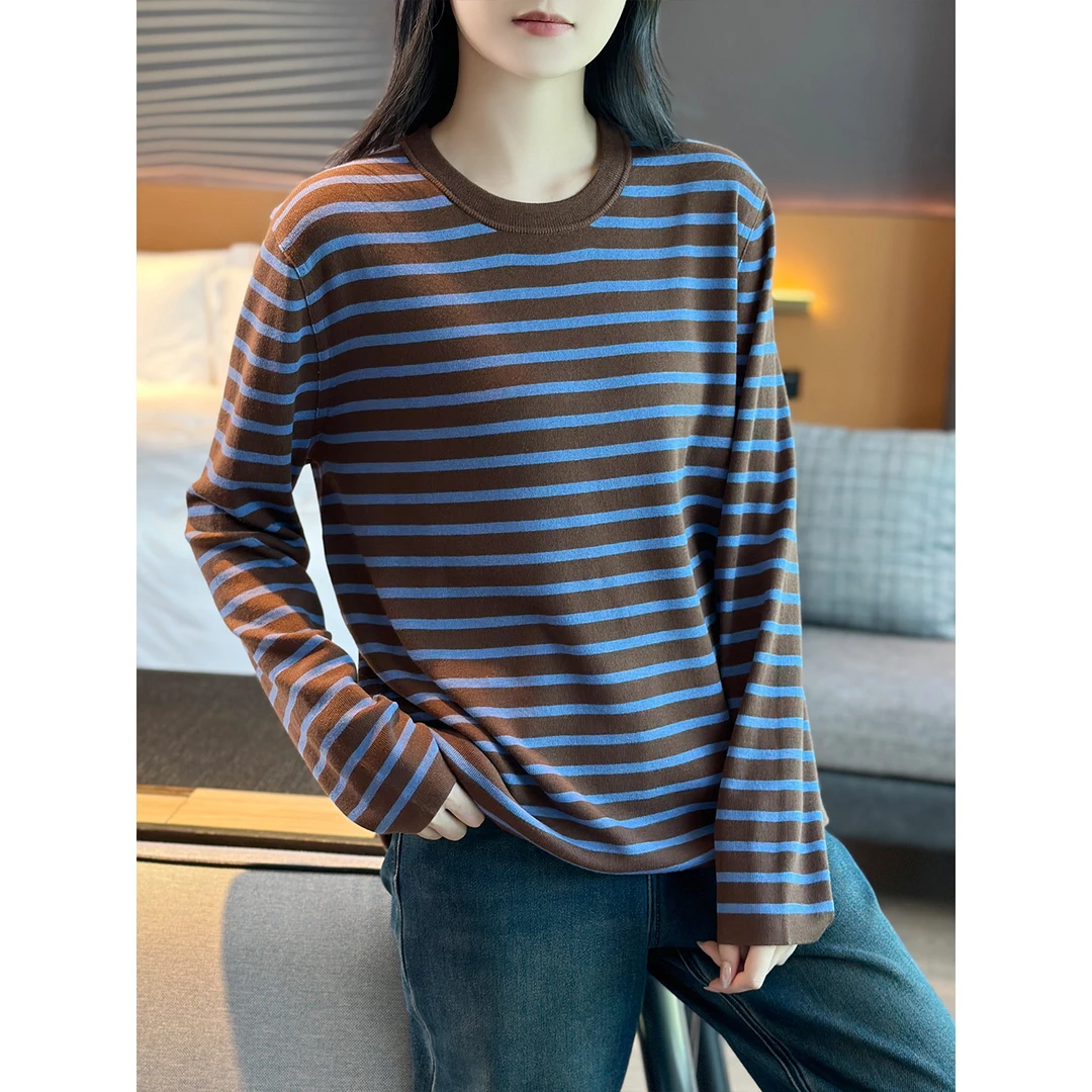 左左家 复古海盐奶咖~撞色条纹100%美丽奴羊毛长袖圆领打底针织衫