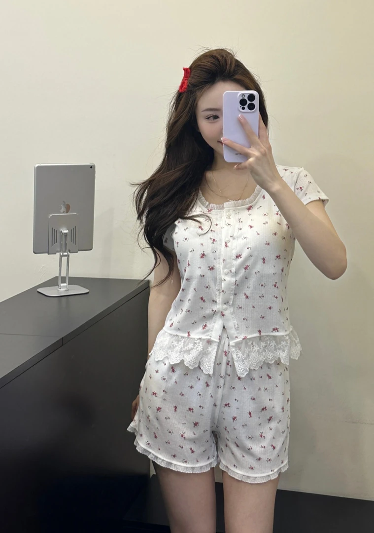 2025新款可外穿小碎花带胸垫短袖短裤家居服套装251459