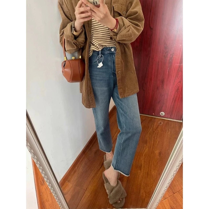 秋款小个子百搭高腰遮肉显瘦烟管裤法棍裤直筒毛边烟管裤九分裤