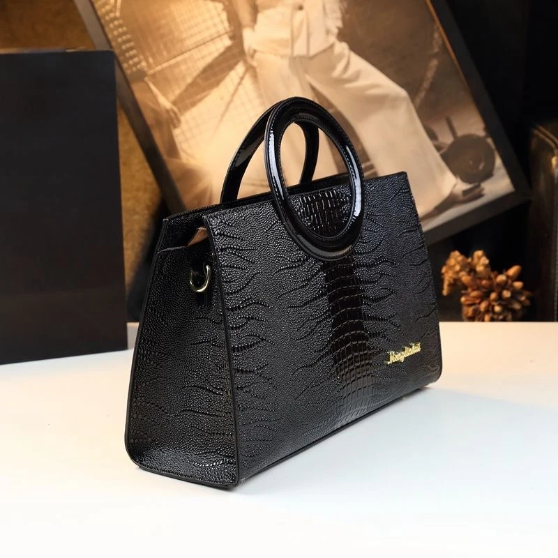 港风手提式印花撞色通勤风手提包公文包质感手拎包单肩黑色