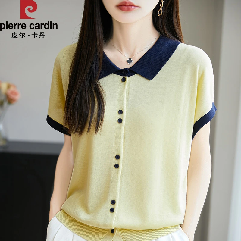 皮尔卡丹时尚撞色POLO领双扣洋气气质百搭宽松薄款短袖休闲针织衫