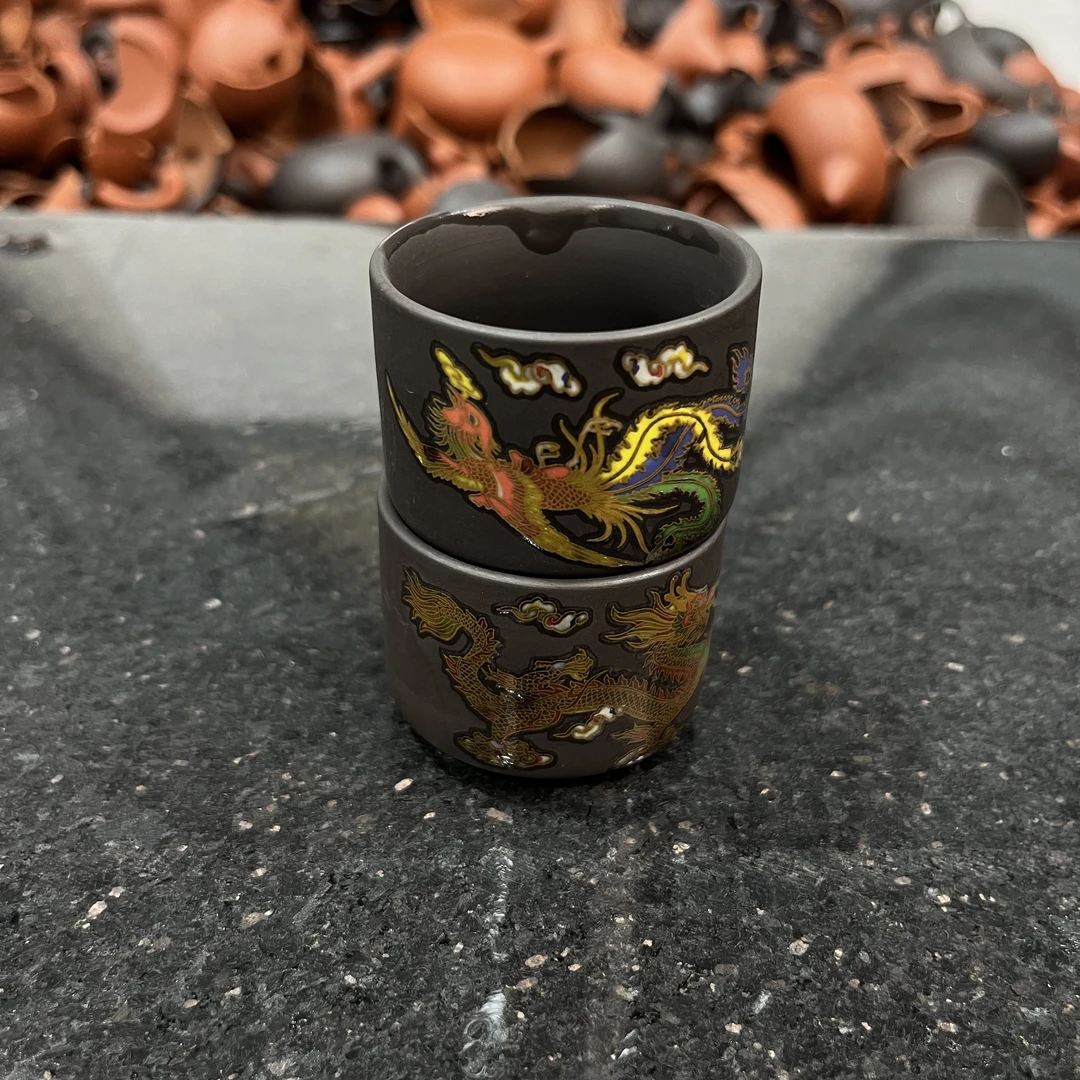 龙凤直筒杯紫砂杯一对