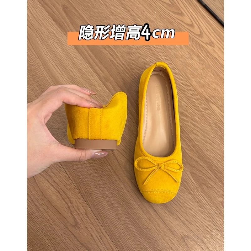 内增高4cm芭蕾舞单鞋女夏2025年新款复古蝴蝶结单鞋晚晚鞋豆豆鞋