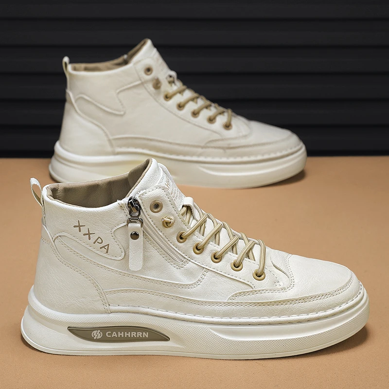 高帮男鞋2025新款冬季侧拉链休闲板鞋中帮皮面防水百搭运动马丁靴