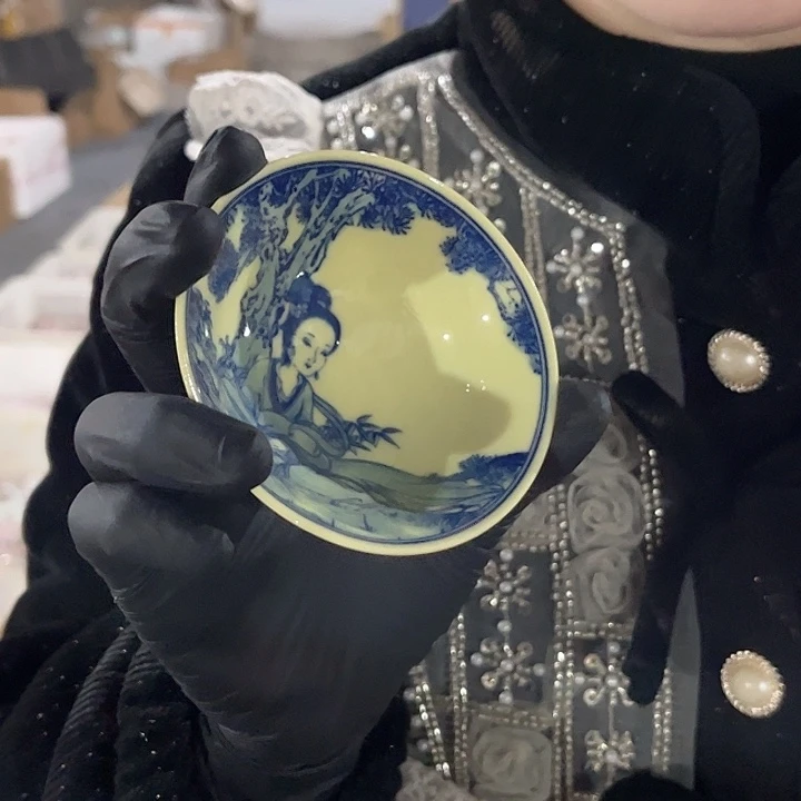 景德镇高温陶瓷黄cc人物斗笠杯