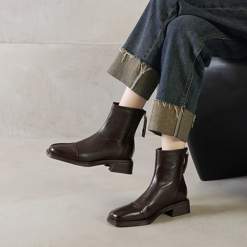 4CM，头层羊皮拉链马丁靴新款秋冬短靴方头粗跟英伦风头层牛皮粗跟