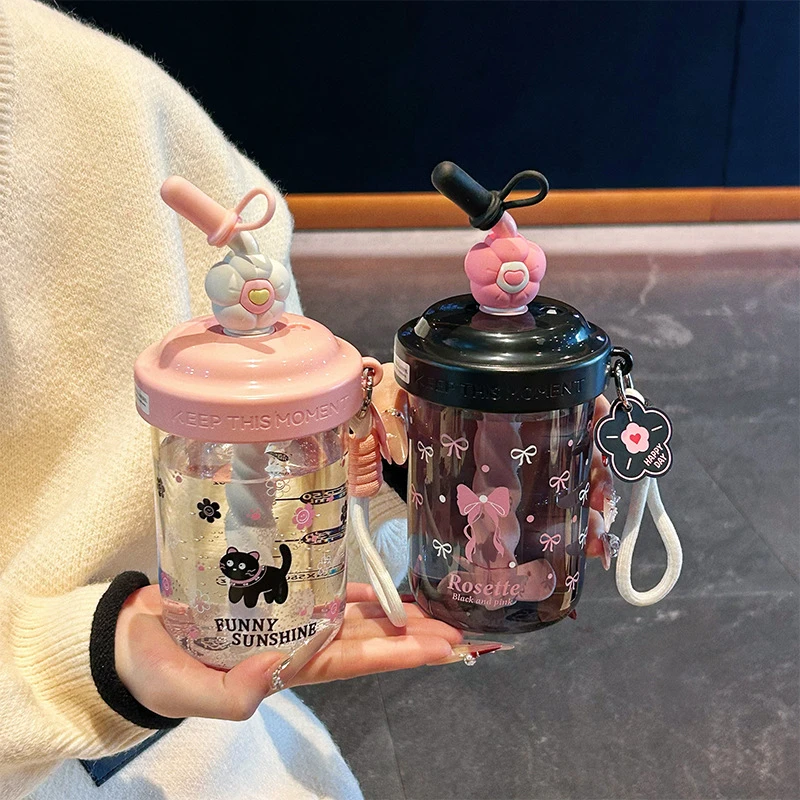 新款高颜值可爱搅拌水杯小巧便携带吸管塑料杯密封防漏带刻度水杯