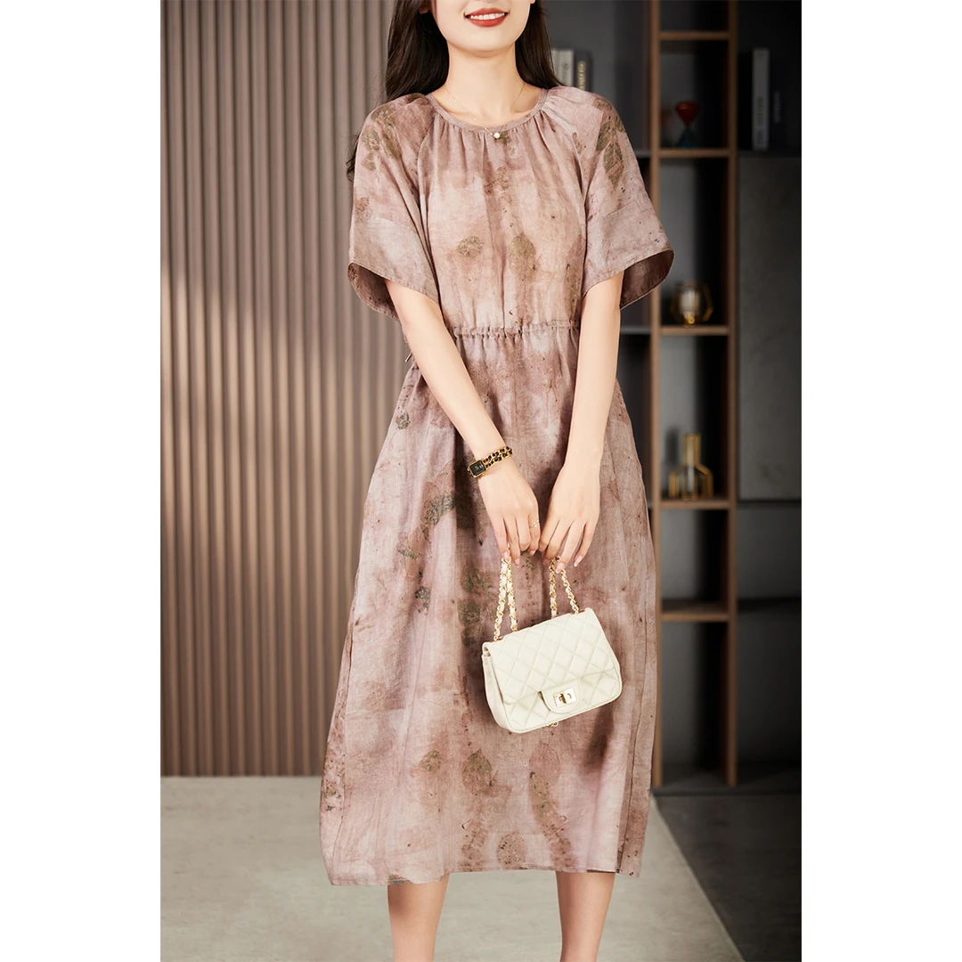 原形气质水墨印花苎麻连衣裙女2025夏季新款百褶收腰长裙600006