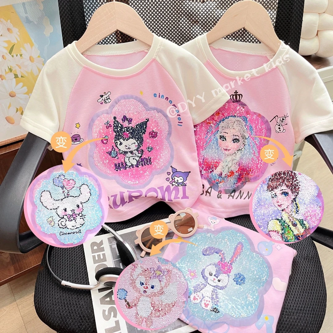 女童纯棉T恤短袖变色亮片新款夏季小女孩韩版休闲女童t恤上衣短袖