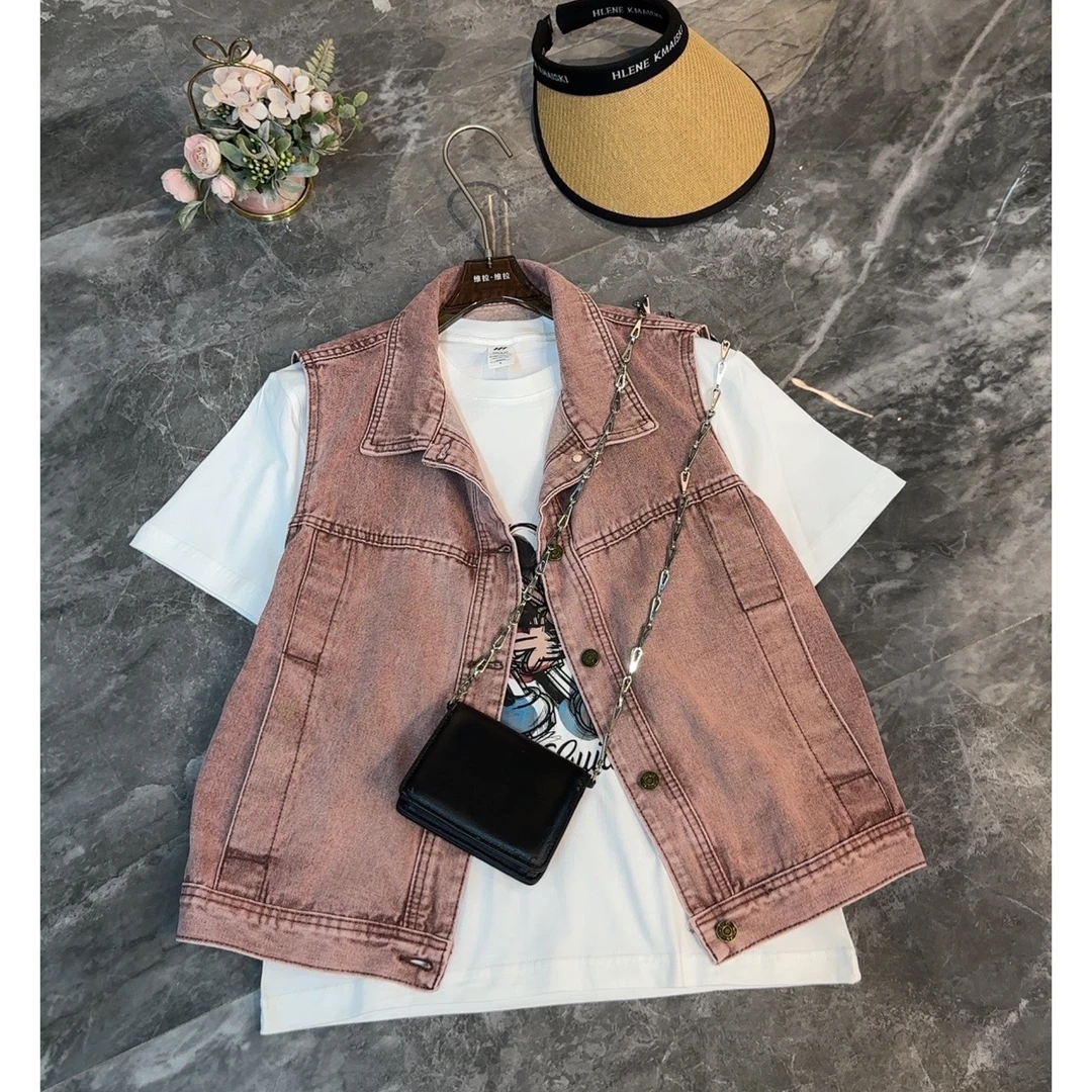 2025春夏新款美式复古休闲牛仔坎肩无袖马甲