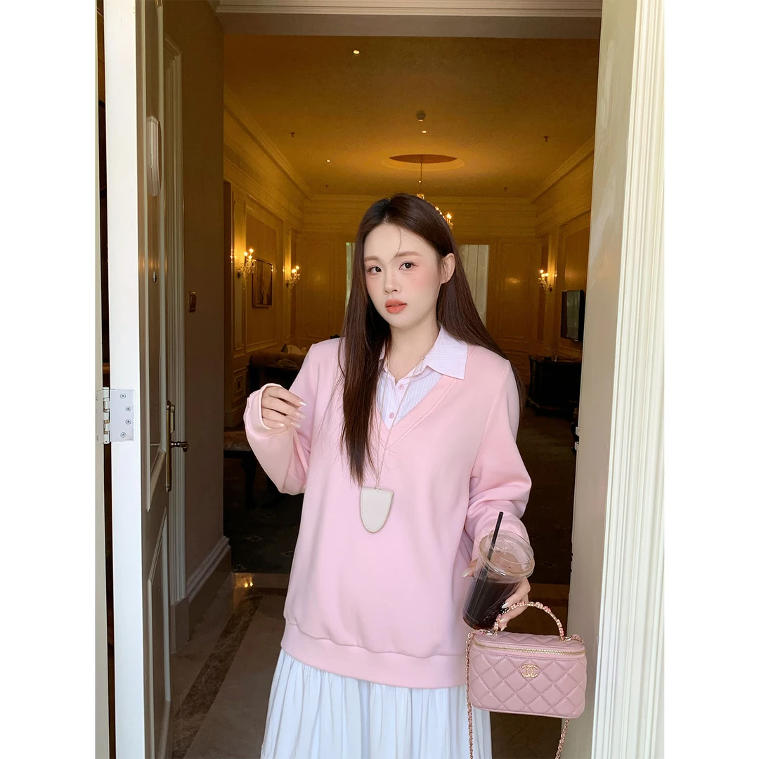 现货1125X大婉酱千千微胖定制假两件衬衫拼接卫衣秋季宽松上衣