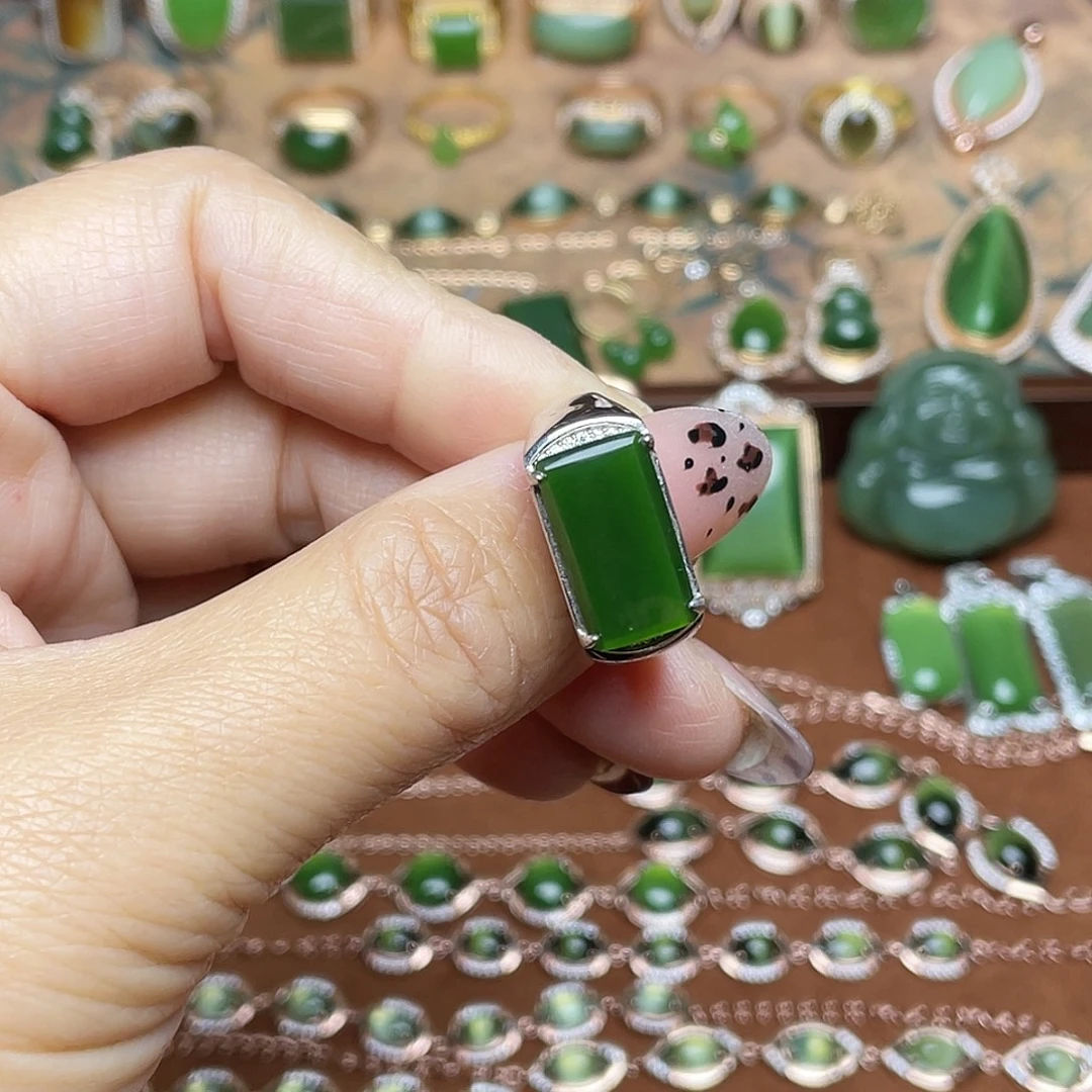 和田玉（碧玉）银S925镶嵌吊坠(不含链)戒指