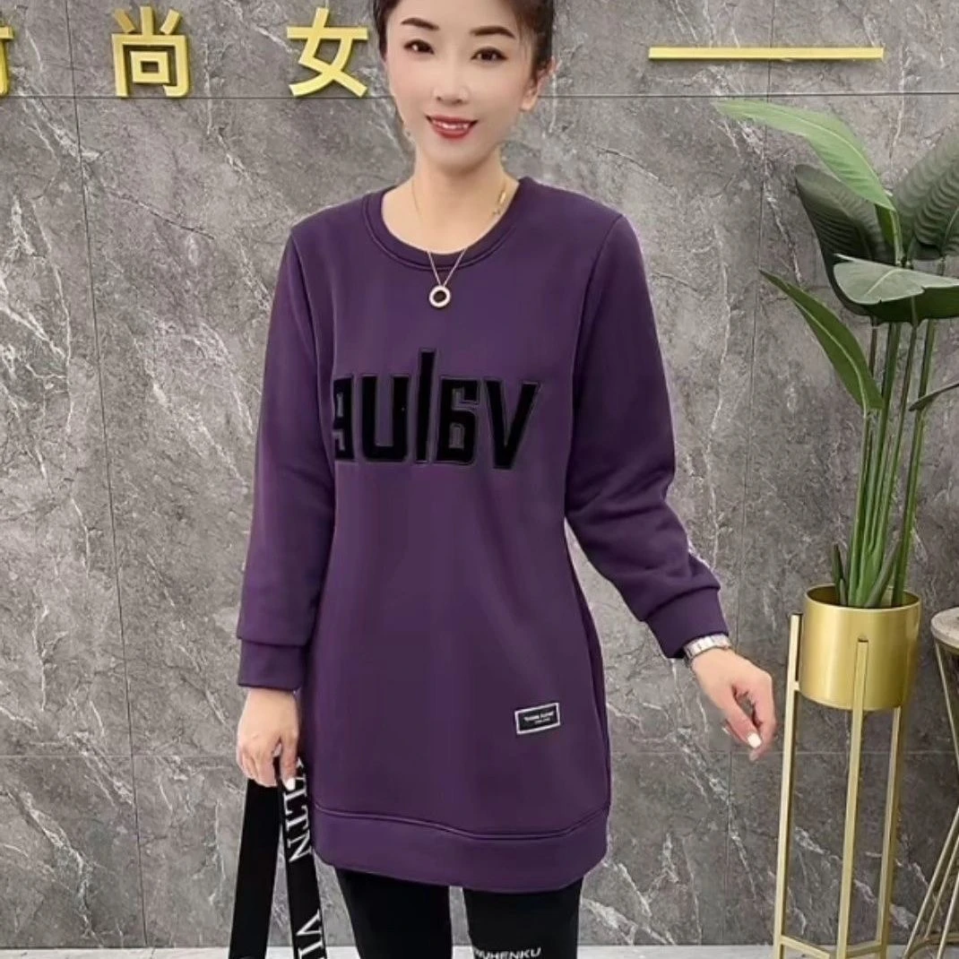 秋冬加厚休闲大T加绒字母长袖显瘦时尚圆领上衣休闲洋气