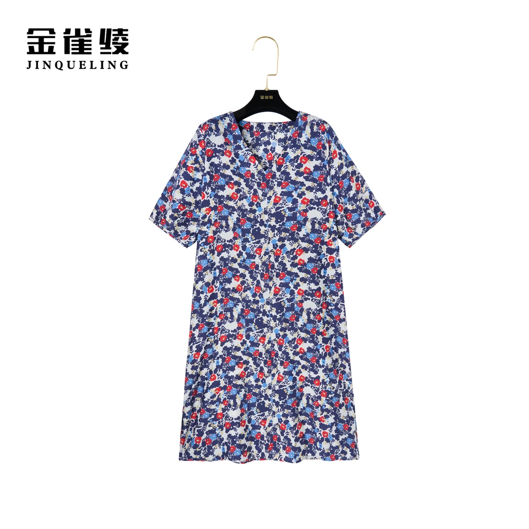 金雀绫【慕斯花园】100桑蚕丝碎花休闲显瘦V领女装连衣裙AL6073