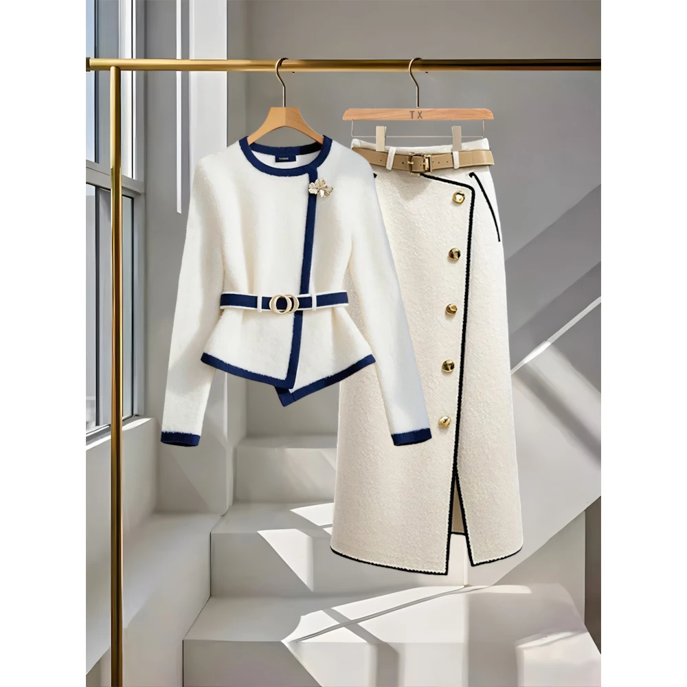 小香风白色设计感针织开衫上衣超好看气质独特a字半身裙子套装女