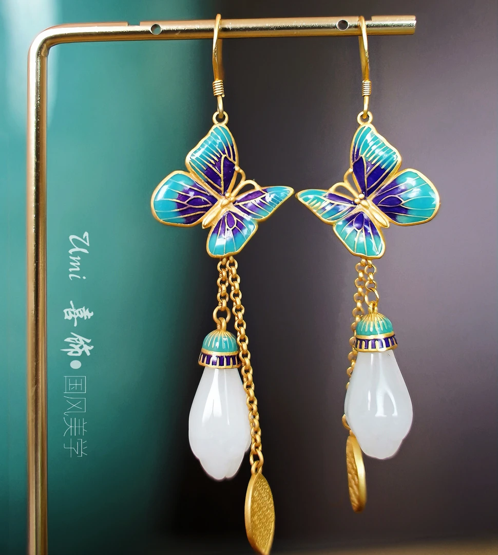 铜合金珐琅耳饰 S925银针国潮灵动蝴蝶流苏珐琅古法工艺耳饰古风