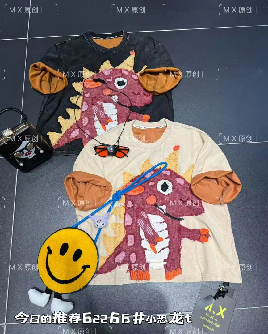 夏季韩版潮牌女装卡通卫衣拼接通勤风上衣长袖厚款薄款刺绣时尚