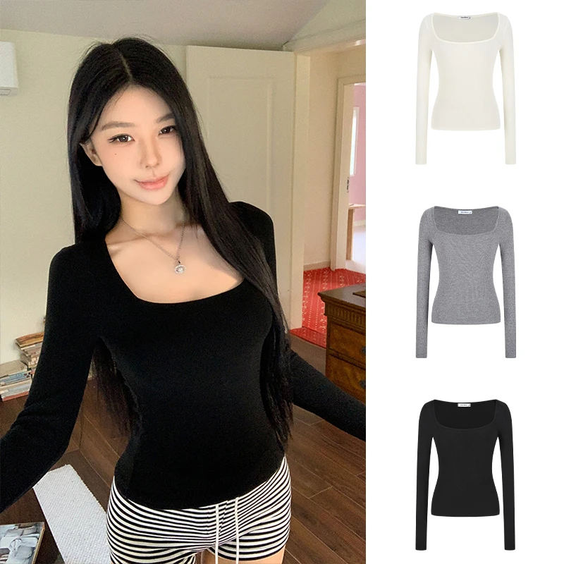 2025秋季新款正肩方领磨毛纯欲打底衫辣妹显瘦长袖T恤