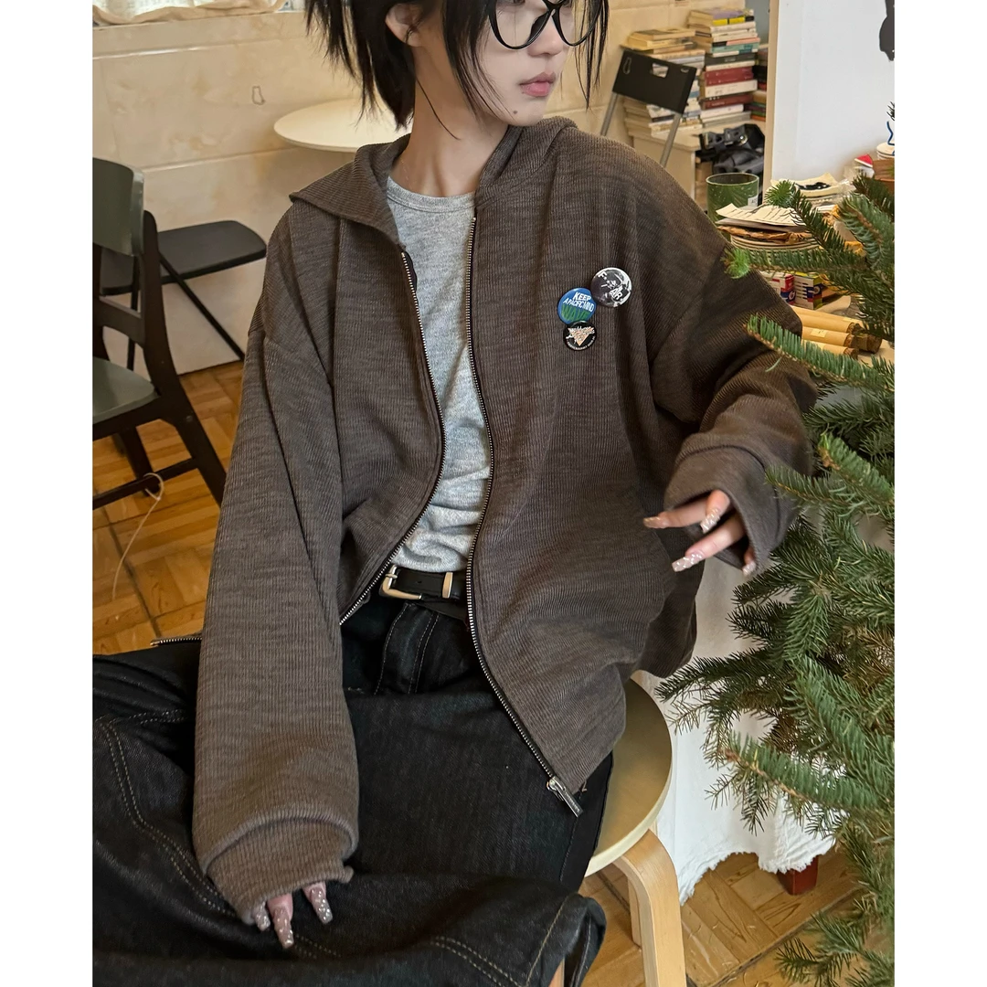 下层基础【轻薄开衫】春秋垂感微弹力拉链连帽针织开衫外套