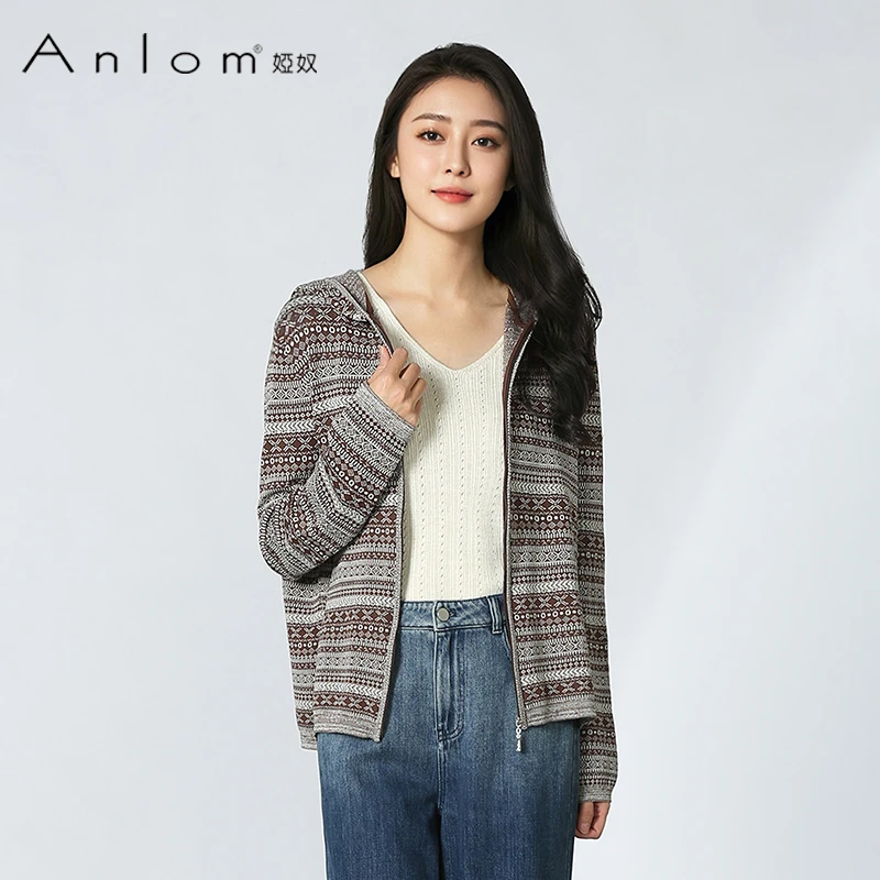 Anlom/娅奴长袖开衫连帽条纹拉链修身雅丹风摩卡慕斯老风上衣