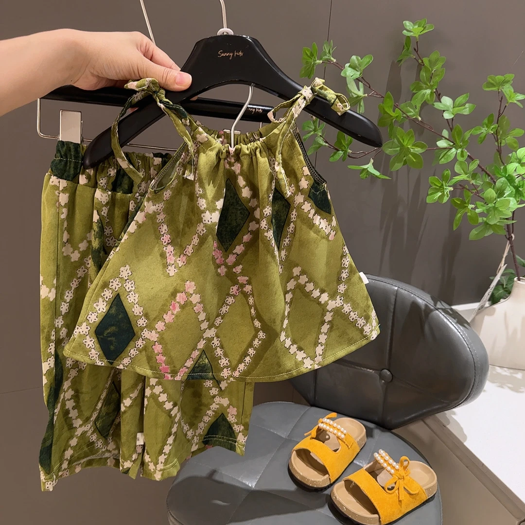 【国风吊带套装】女童夏季薄款吊带套装小女孩时尚背心裤子两件套