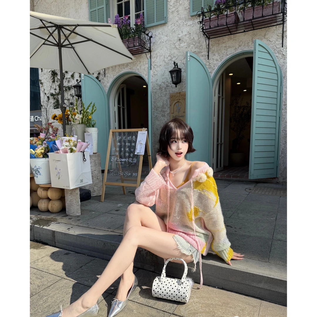 【霓彩叠蕊】多巴胺撞色马海毛针织衫薄款宽松罩衫立体花朵上衣