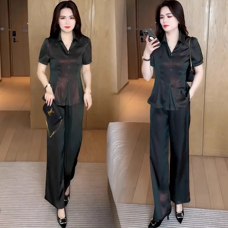 时尚冰丝套装女2025夏季新款洋气收腰显瘦短袖上衣阔腿裤两件套潮