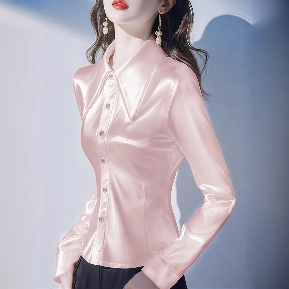 收腰缎面衬衫女春秋季2025新款时尚洋气职业衬衣长袖气质垂感上衣