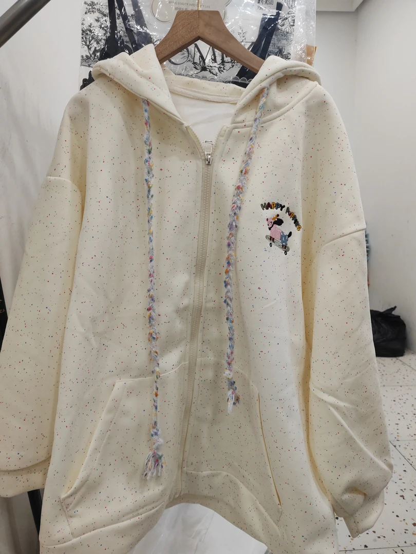 卫衣开衫连帽加绒加厚带帽白色上衣印花春季时尚针织卡通春秋