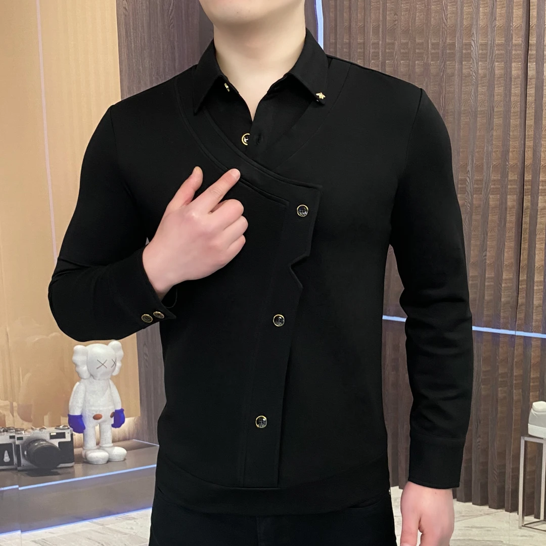 2025春季黑金武士假两件男士长袖轻奢时尚休闲潮流修身商务帅气