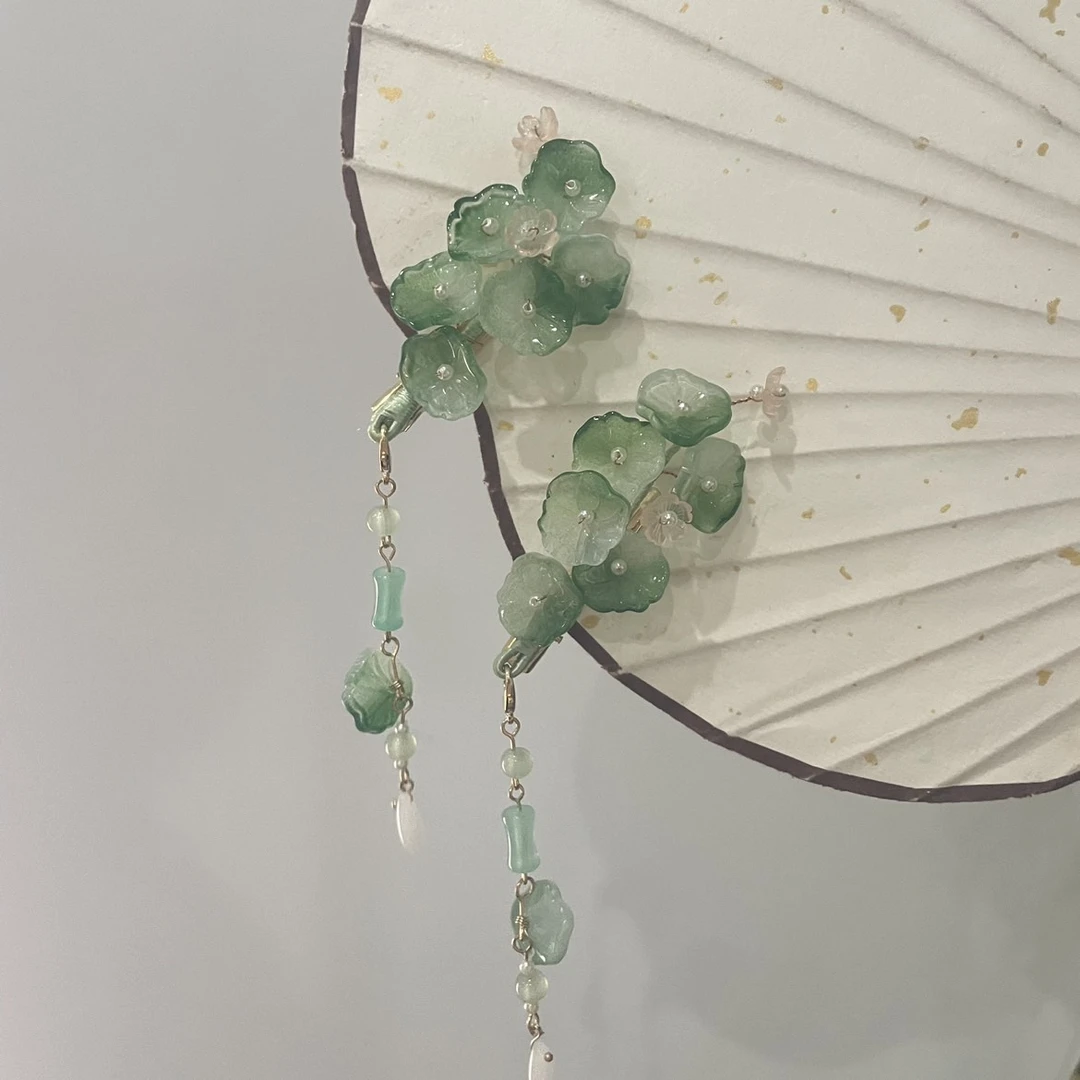 古风琉璃荷叶长流苏发夹对边汉服头饰小清新百搭夏季发饰