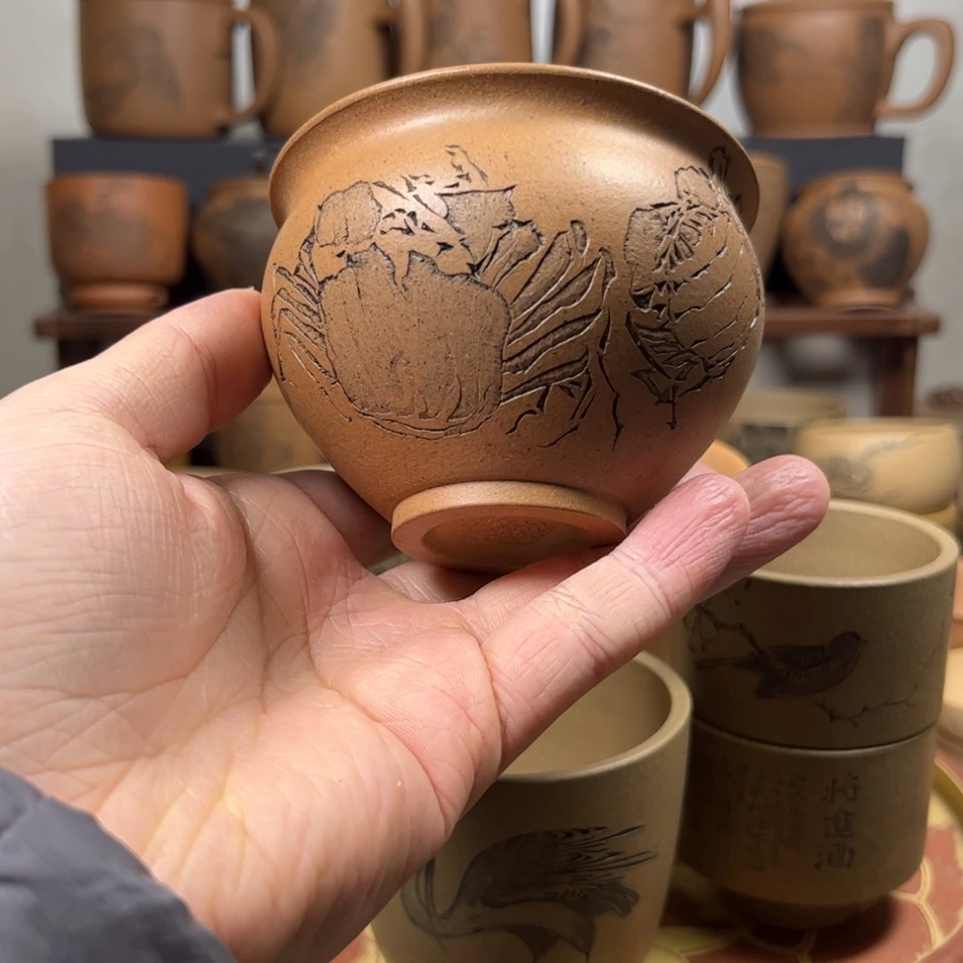 紫砂杯子完**暴螃蟹刻绘紫砂主人杯
