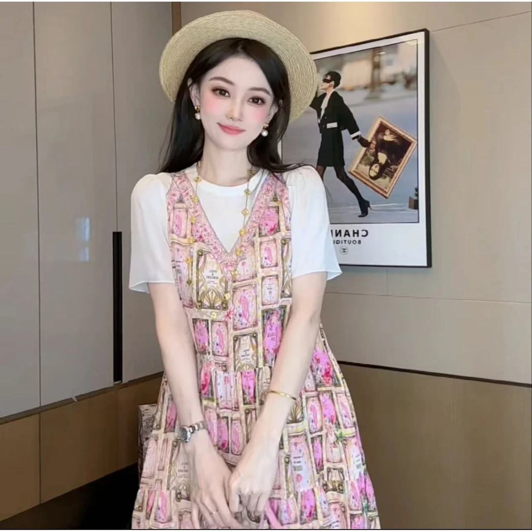 法式拼色宽松连衣裙子女夏季年新款静奢风收腰显瘦a字中长裙