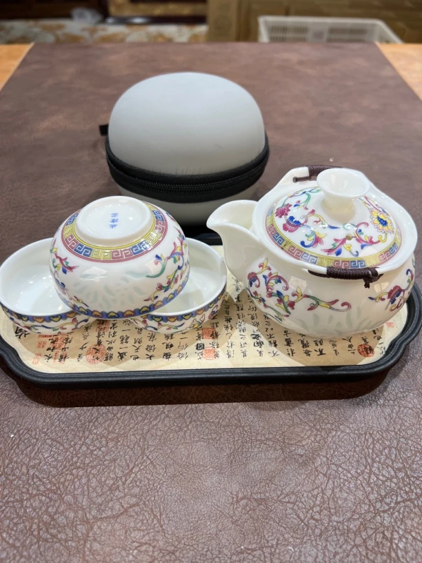 242手工青花玲珑瓷一壶三杯含茶盘