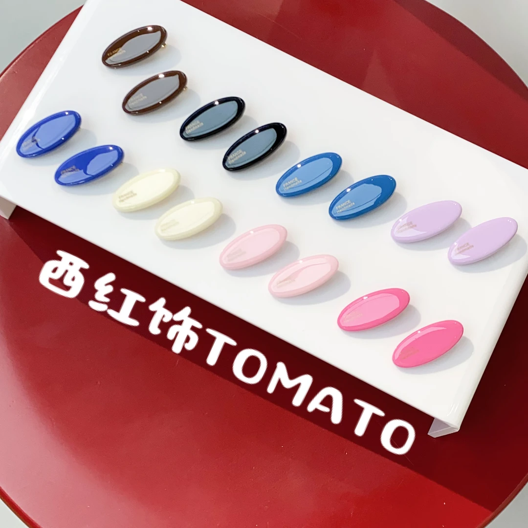 西红饰TOMATO韩国东大门醋酸金标糖果色侧边鸭嘴夹一对