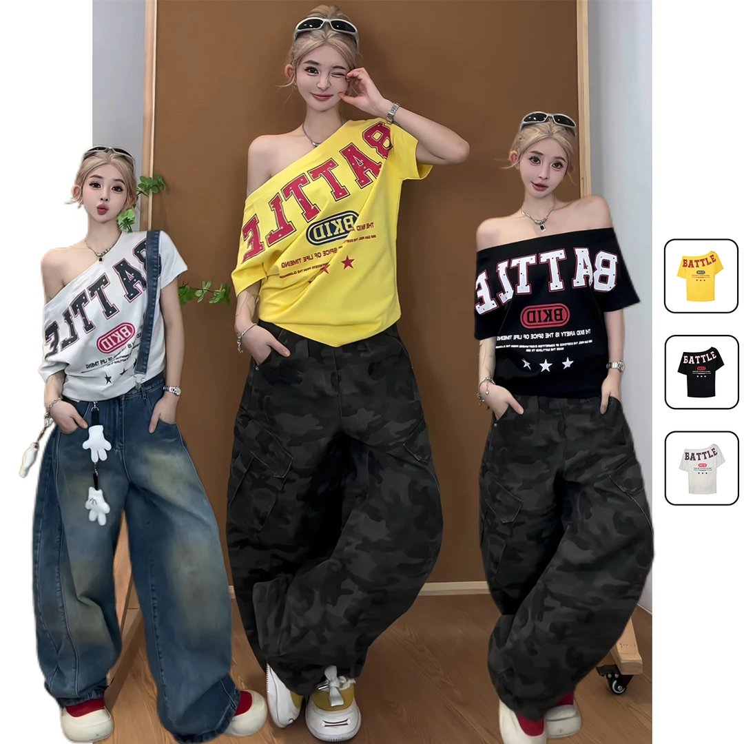 漂亮炮灰 美式复古字母一字肩斜肩辣妹短袖T恤女夏季露肩上衣国潮