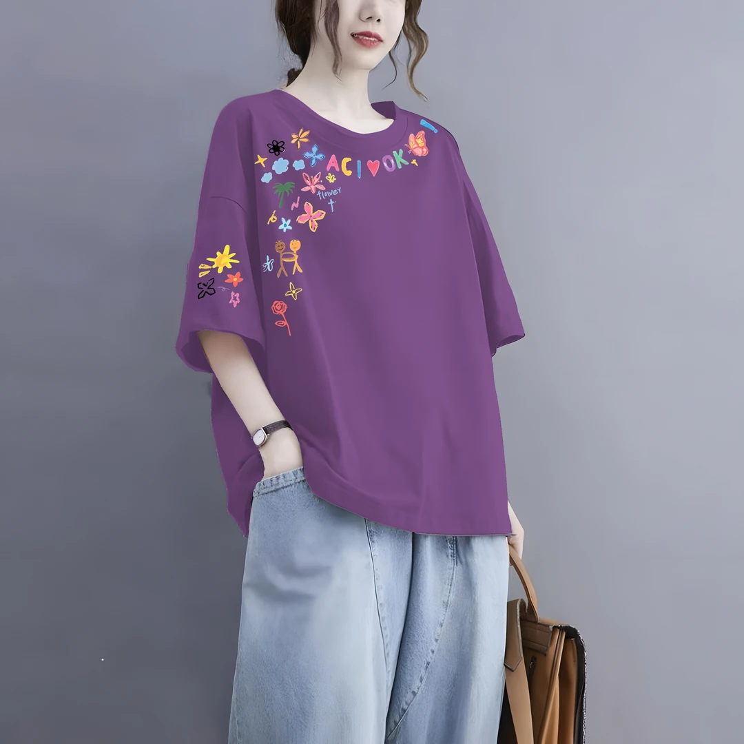 时尚潮牌100%纯棉短袖t恤女夏季百搭大码胖mm宽松版休闲减龄上衣