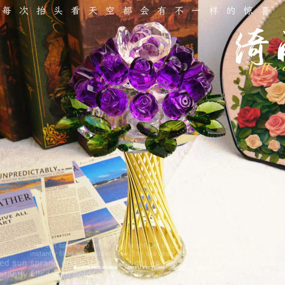 【艺品专属】单只-轻奢K9水晶深紫色手捧花玫瑰花摆件订婚装饰品