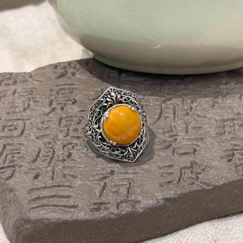 925银戒指 J12952黄珠盾牌浮雕戒指复古做旧个性古风多样发