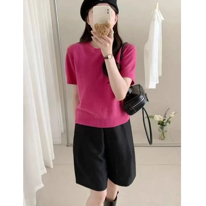 韩系树莓粉针织短袖圆领针织女