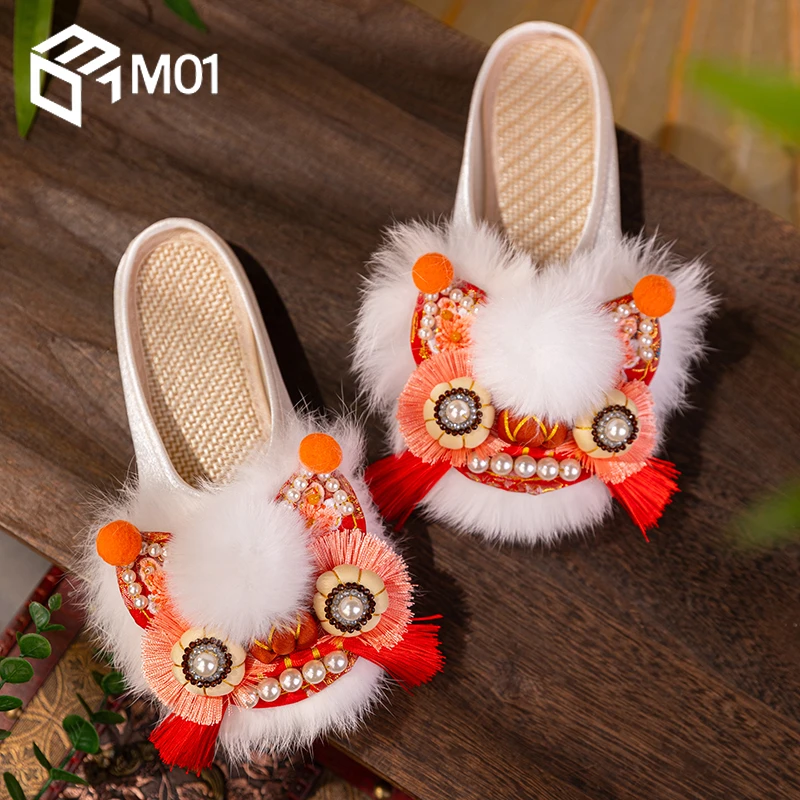 M01红色虎头鞋女成人夏季外穿软底防滑半拖鞋民族风老北京布鞋