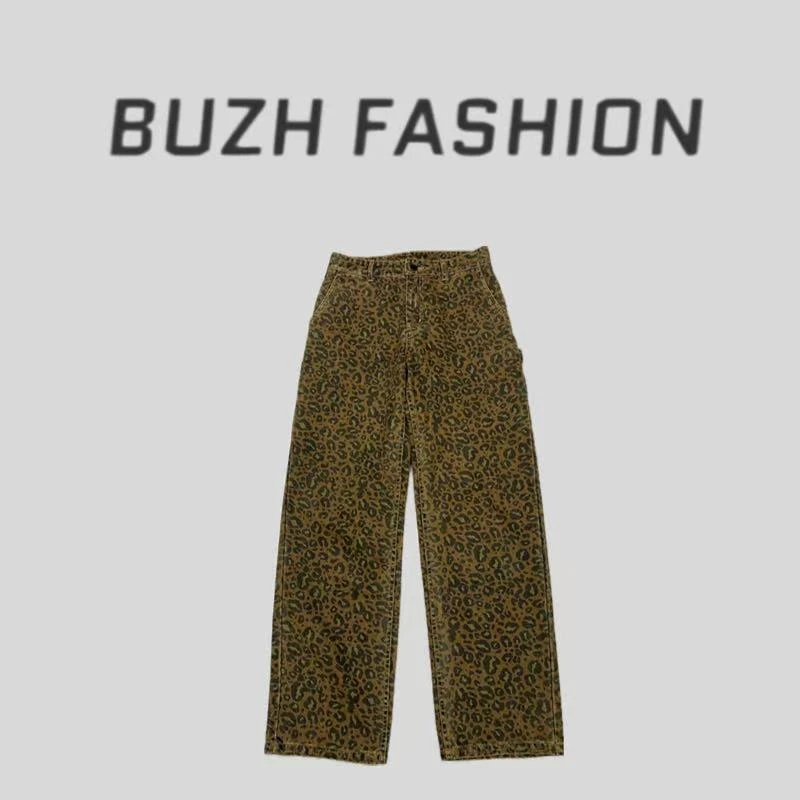 BUZH 夏季新款设计感复古水洗做旧豹纹裤休闲裤