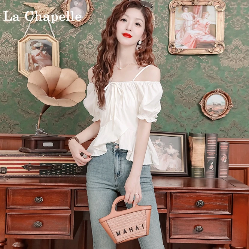 拉夏贝尔夏季新款一字肩衬衫女洋气时髦简约上衣不规则下摆小衫女
