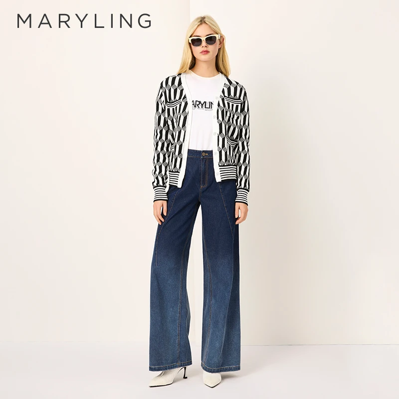 MARYLING玛俪琳2025初春新品休闲黑白撞色V领针织开衫A1FAW08100