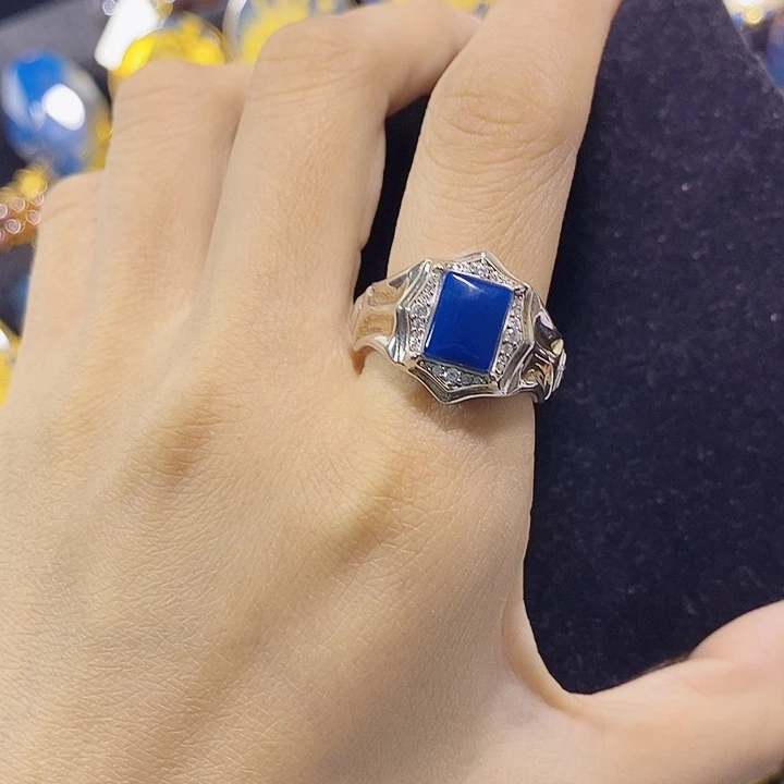 蓝珀银S925镶嵌珠宝奇石多米尼加蓝珀戒指